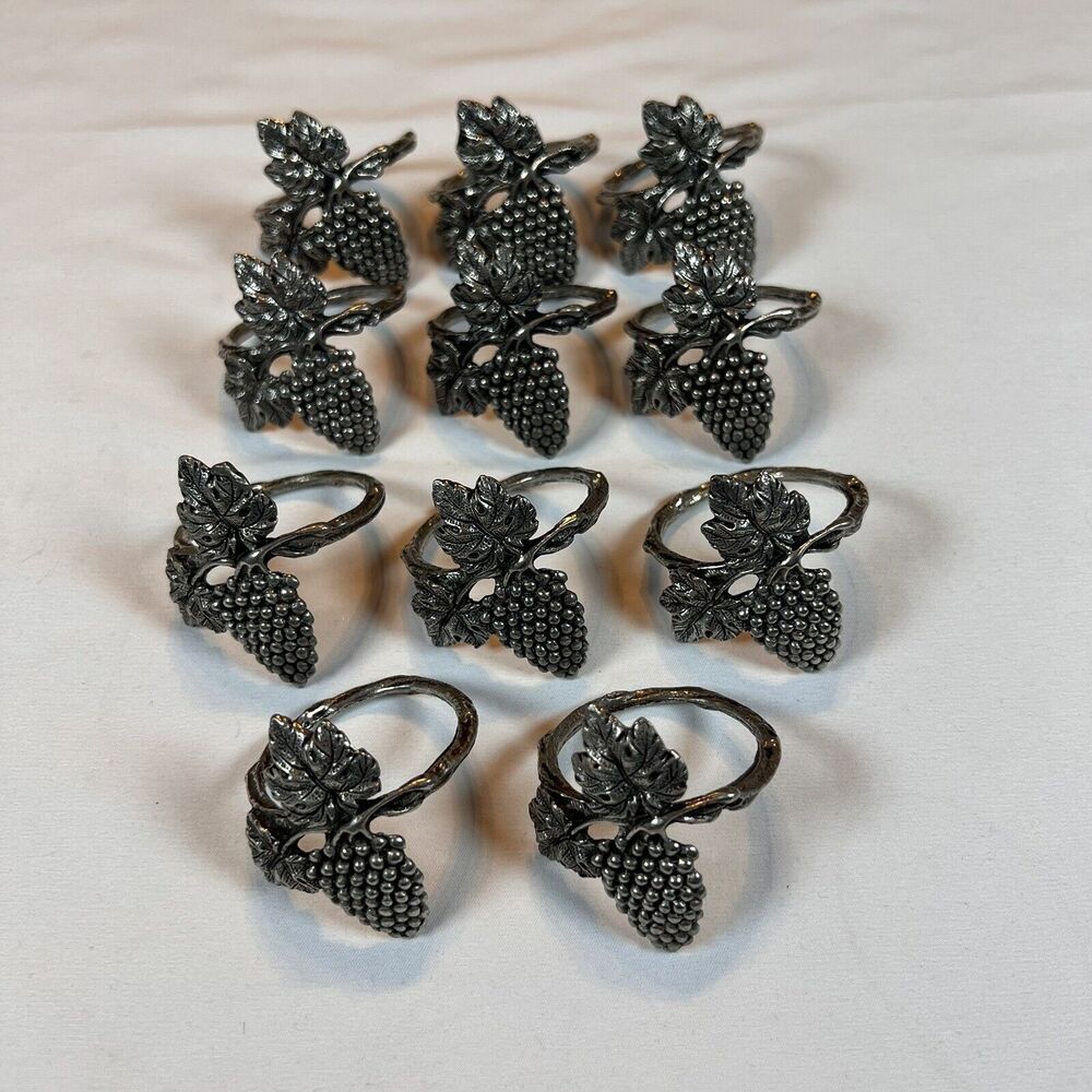 Vintage 95% Pewter Stamped Grape Vine Napkin‎ Rings Thailand